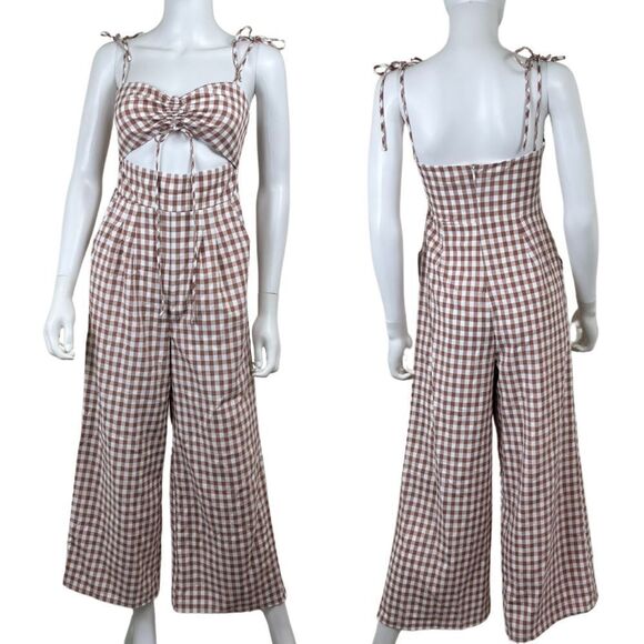 Song of Style Womens Size S Brown Senna Gingham Cutout Wide Leg Jumpsuit Pants - Picture 1 of 15
